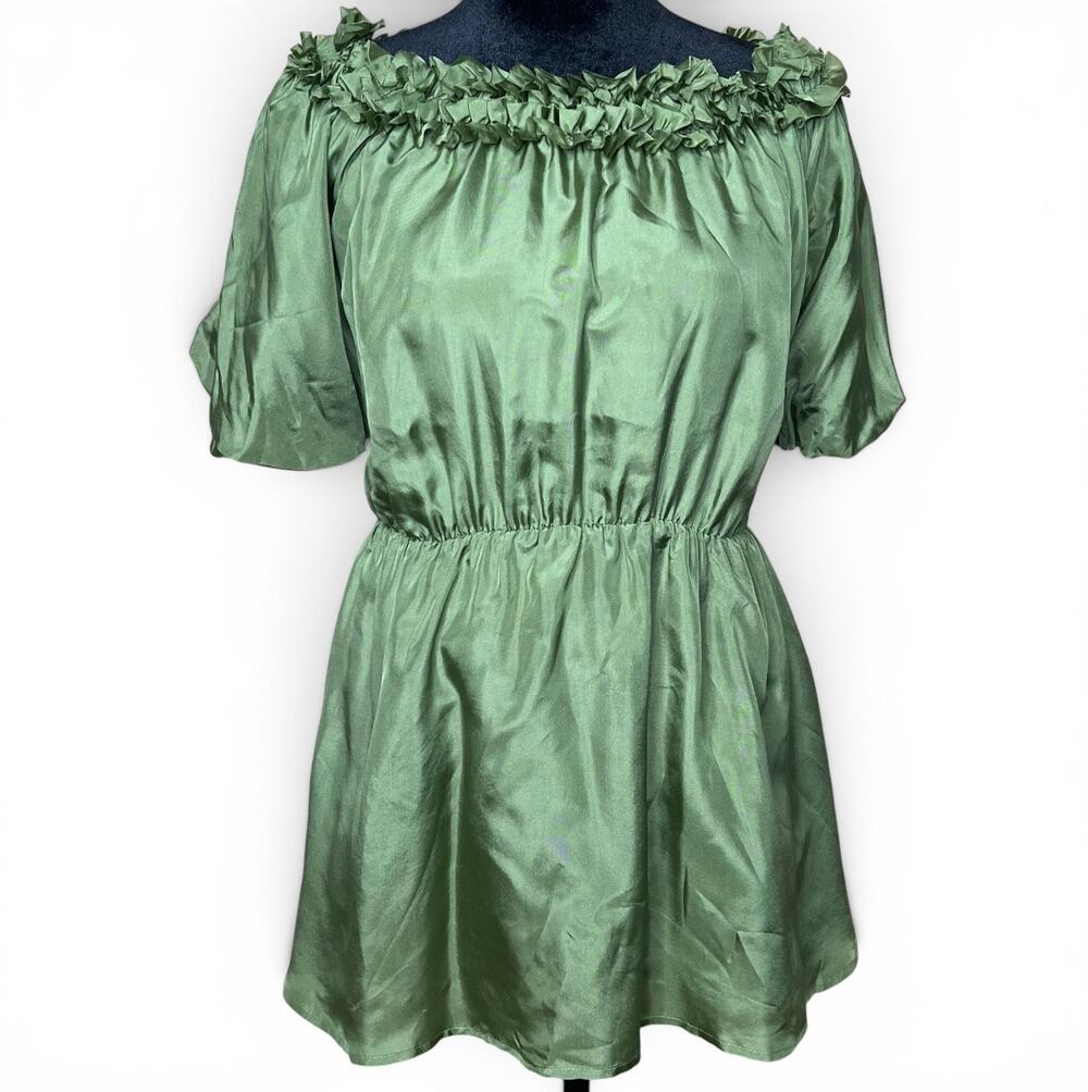 Vintage Silk Forever 21 Olive Green Babydoll Coquette Peplum Bubble Sleeve Top M